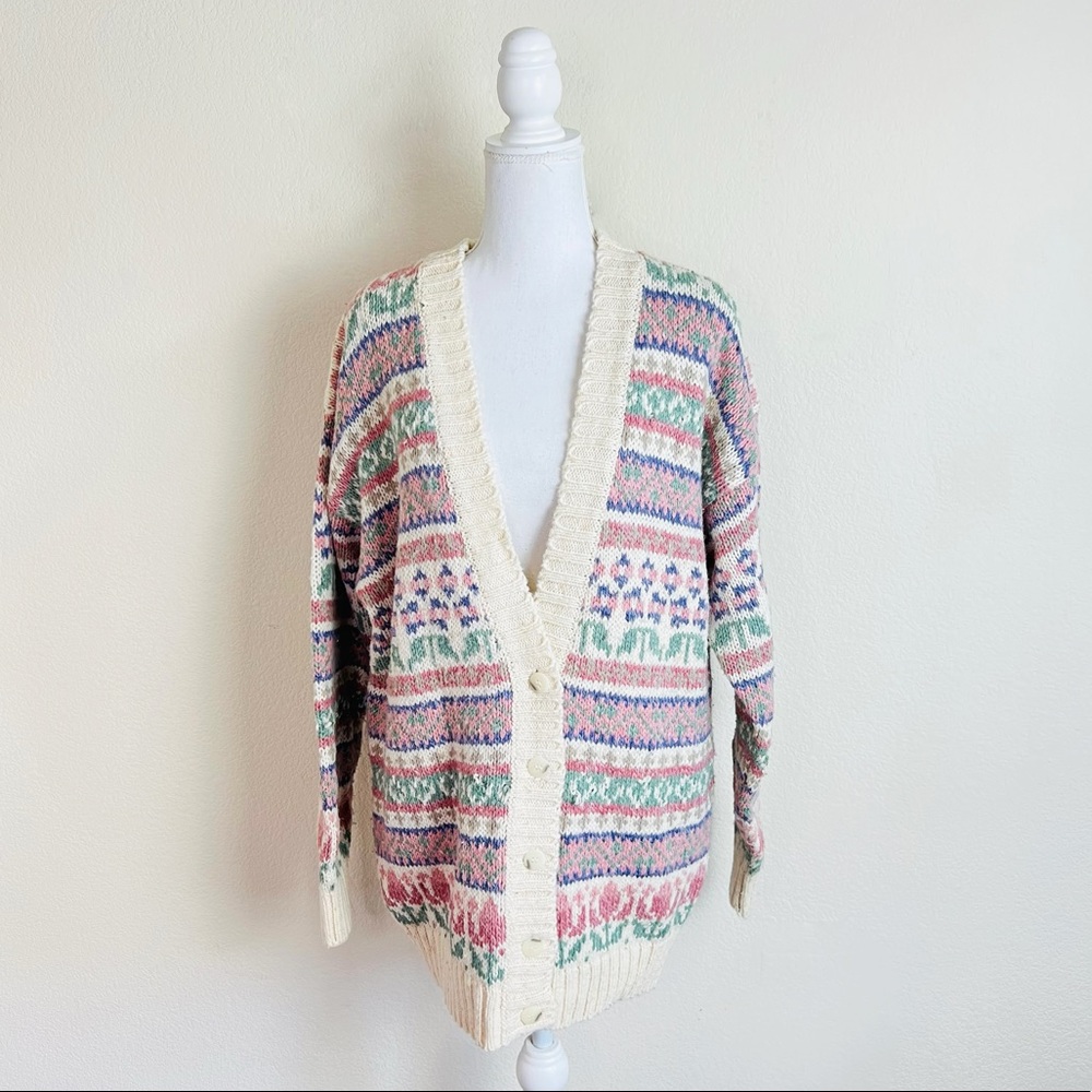 VTG Liz Sport Cream Pink & Light Green Chunky Button Up Cardigan Sweater - Picture 1 of 15